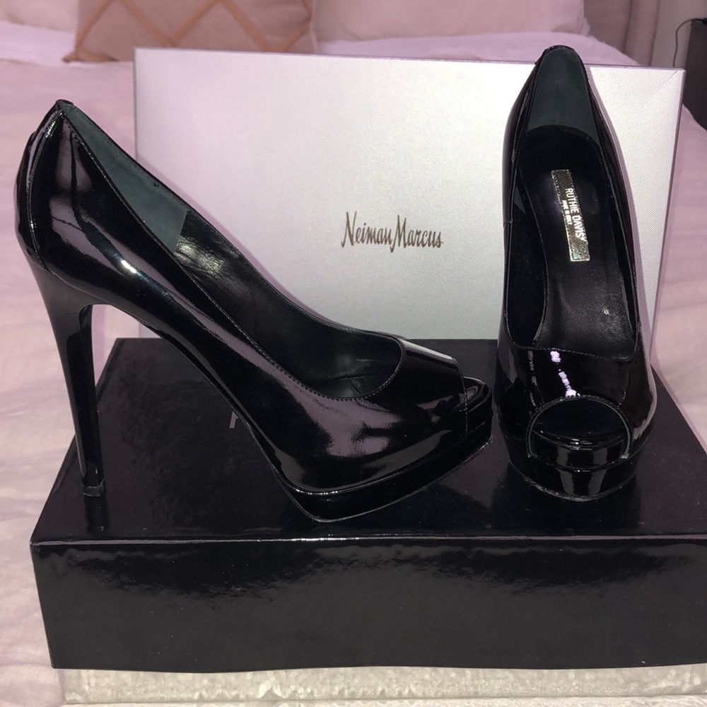Ruthie Davis Black Patent Leather Peep Toe Pumps